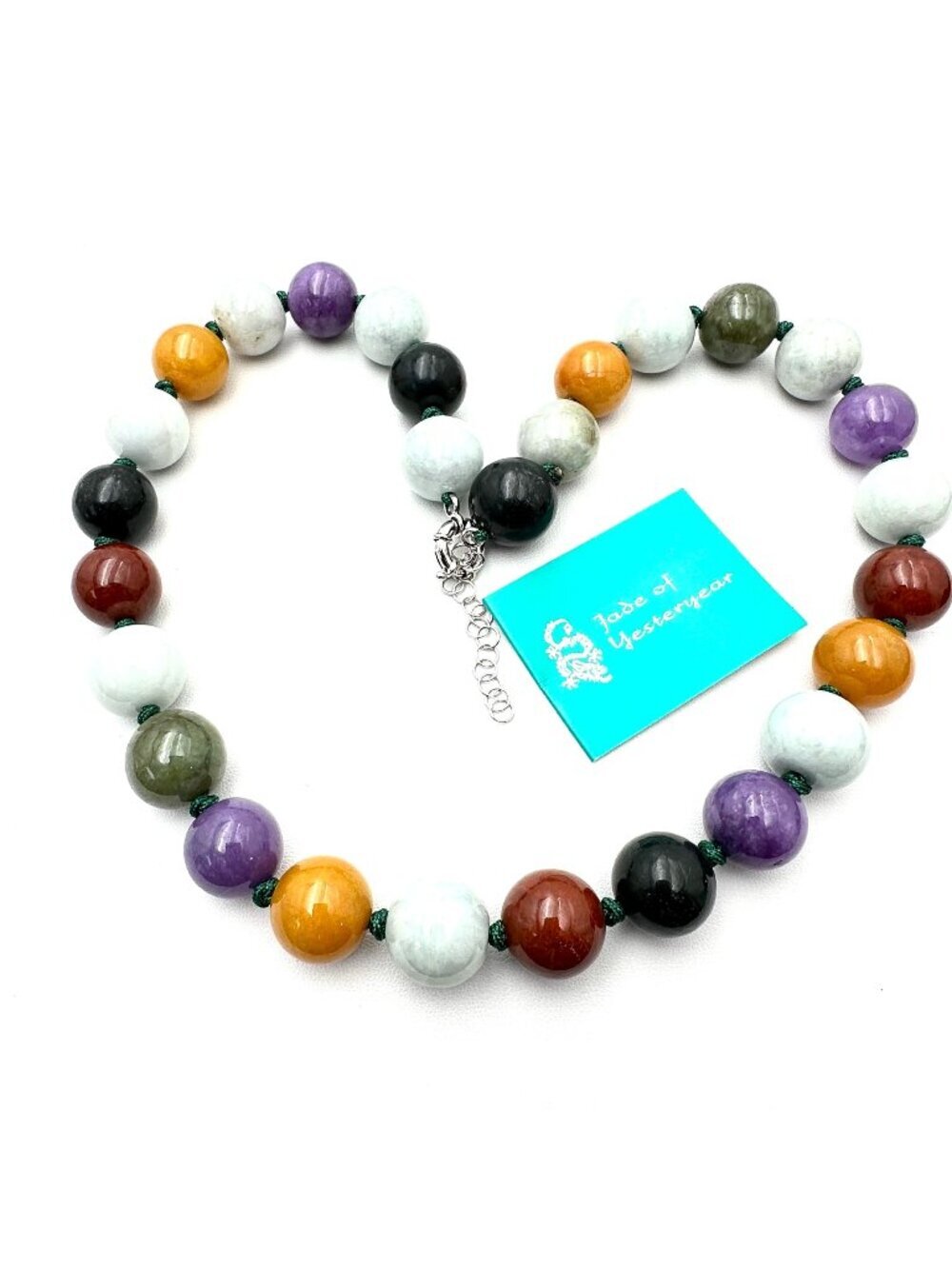 Jade of Yesteryear Necklace Sterling Silver Multicolor Jade 20mm Beads 20 Inch